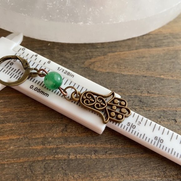 Brass and jade, Hamsa hand dangle earrings - Picture 2 of 2